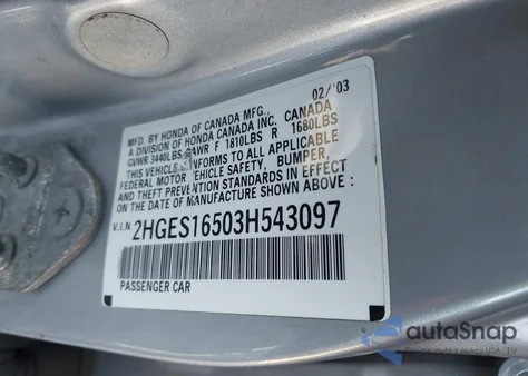 2003 Honda Civic Lx z USA, uszkodzony, nr VIN 2HGES16503H543097